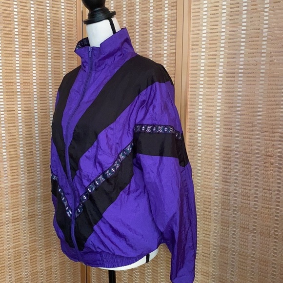 Vintage 90s Track Jacket Purple Black Abstract Pattern Windbreaker - Picture 5 of 12